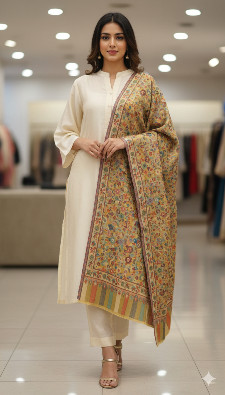 Luxury Pashmina Kani Shawl Multicolor Floral Weave with Intricate Borders