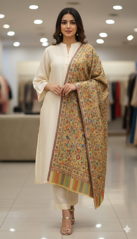 Luxury Pashmina Kani Shawl Multicolor Floral Weave with Intricate Borders