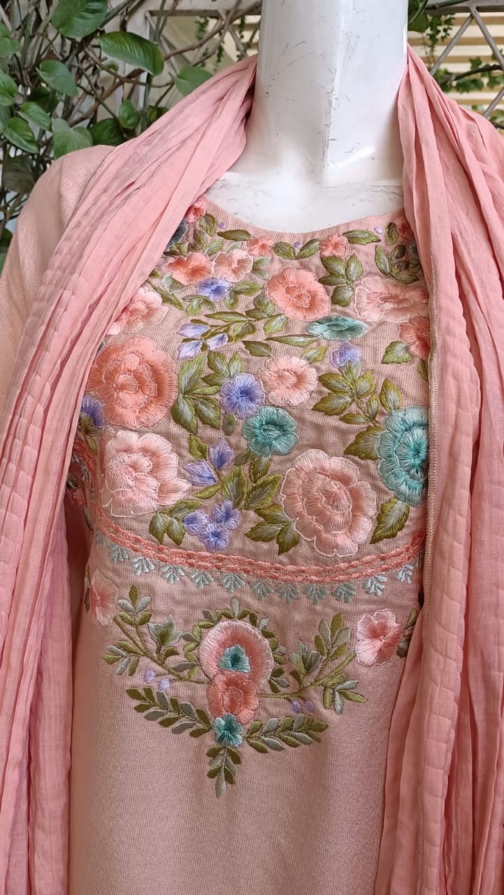 Embroidered Cotton Salwar Kameez Set | Machine Embroidery Neckline & Sleeves | Crush Cotton Dupatta