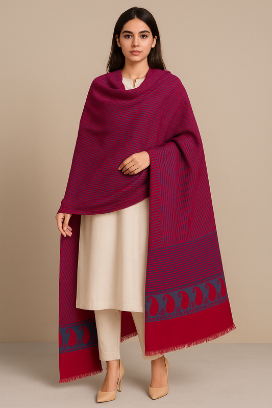 Luxury Pashmina Striped Shawl with Paisley Border  Magenta & Blue