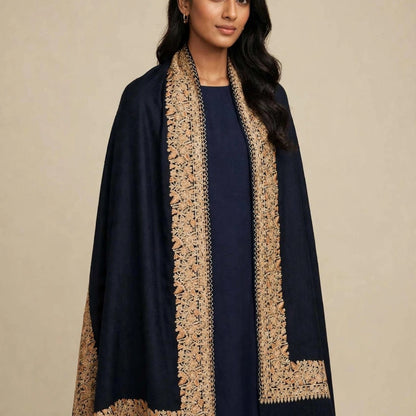 Midnight Navy Pure Pashmina Shawl with 4-Side Heavy Aari Embroidery Border - Beige Floral