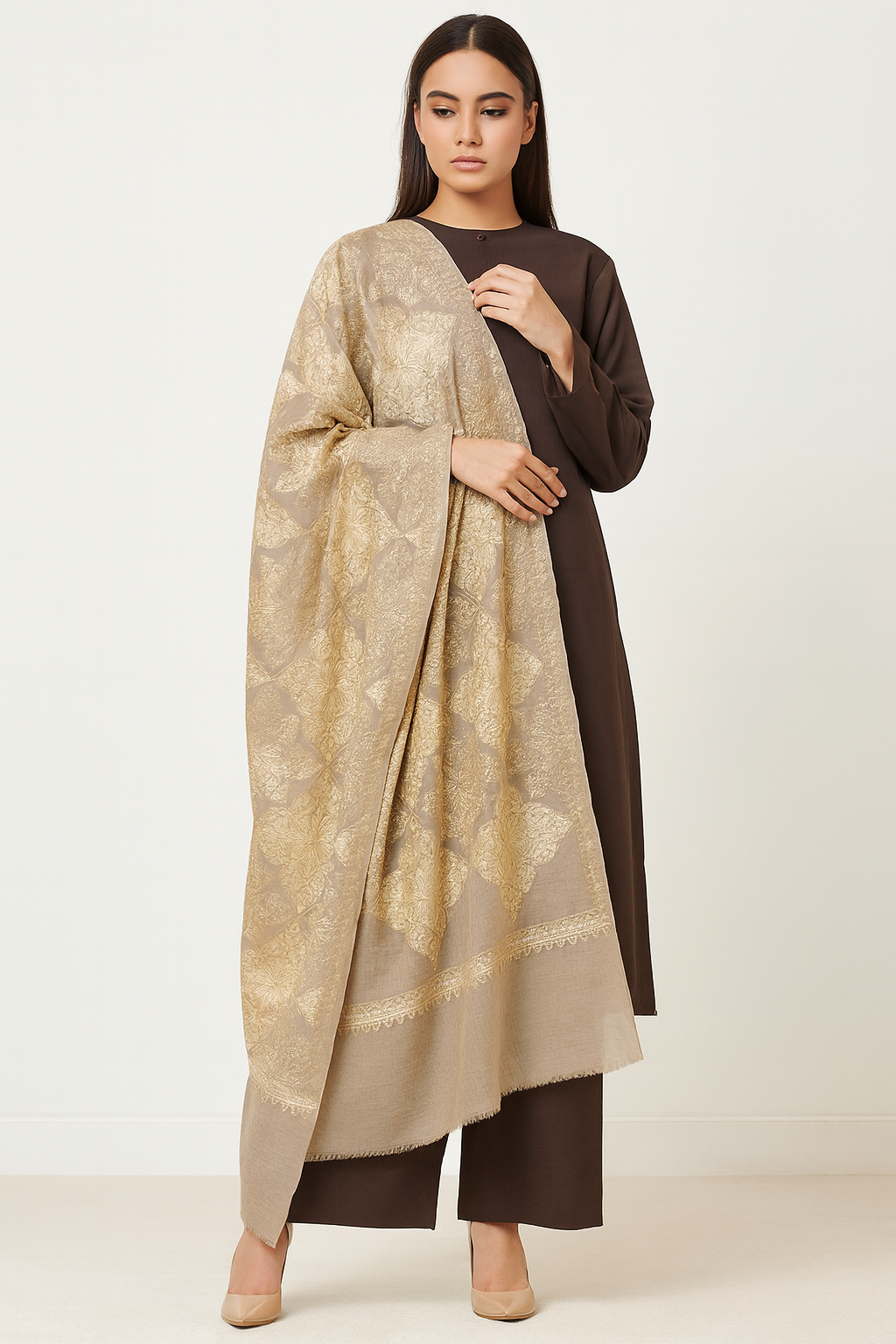 Regal Beige & Gold Pashmina Shawl – Luxury Handcrafted Elegance