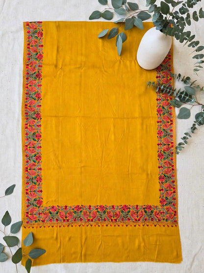 Mustard Bloom -Embroidered Pure Pashmina Shawl with Kashmiri Aari Border