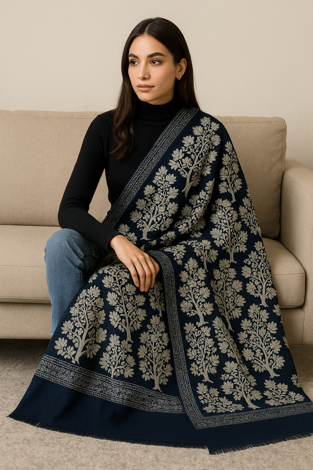 Navy Blue Aar Embroidered Pashmina Shawl  Tree of Life Design