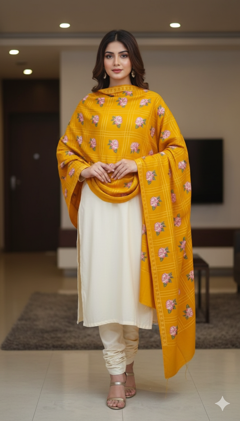 Mustard Cross Stitch Pashmina Shawl