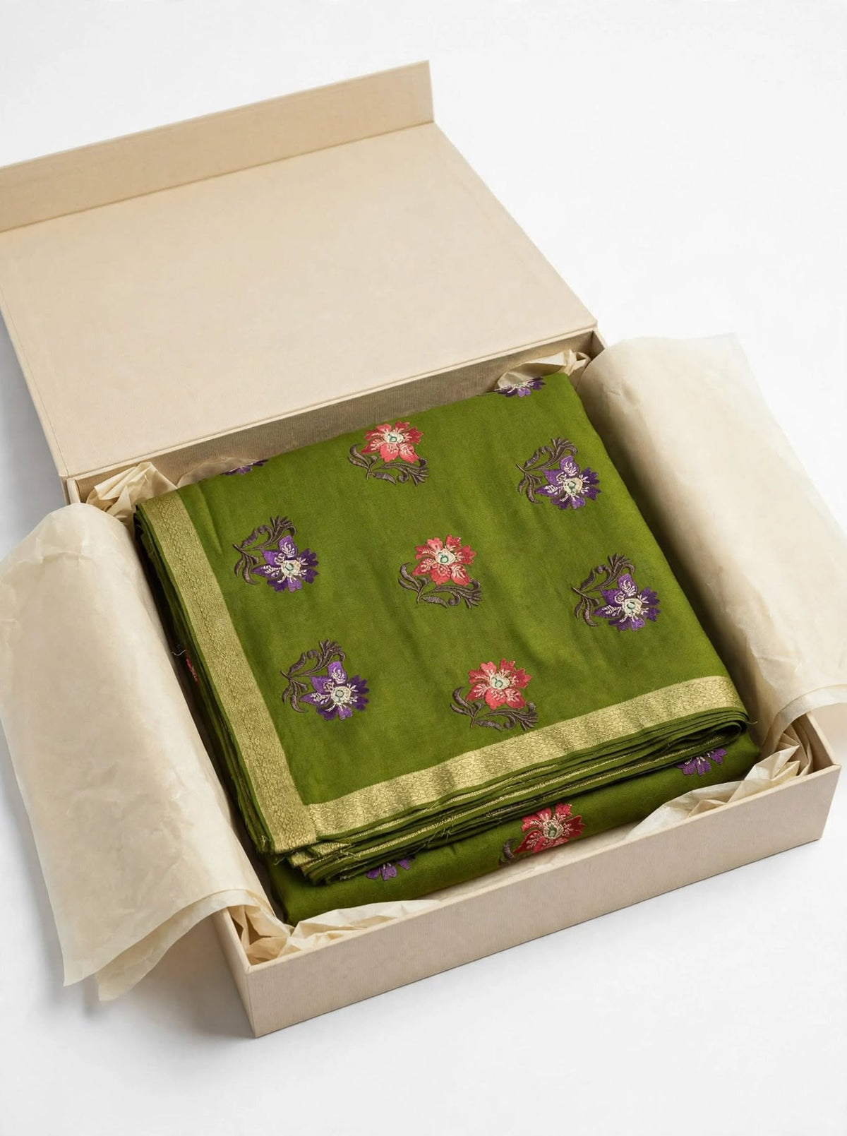 Olive Green Floral Embroidered Pashmina Shawl with Gold Zari Border