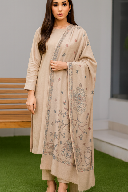 Elegant Pashmina Shawl with Fine Needle Embroidery  Beige