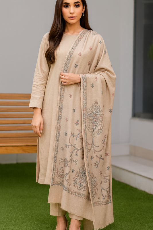 Elegant Pashmina Shawl with Fine Needle Embroidery  Beige