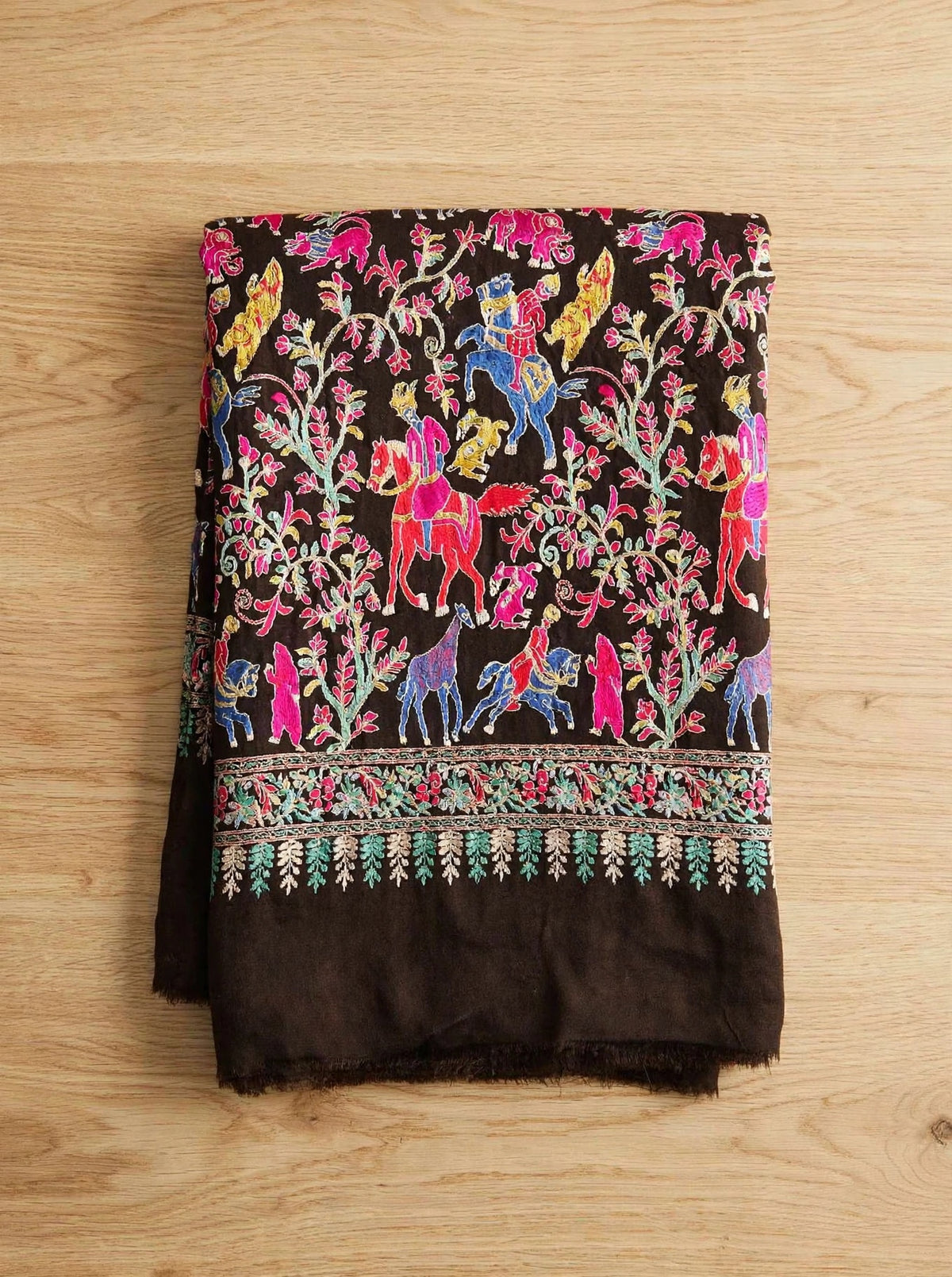 Brown Pashmina Shikargah Shawl with Multicolor Nalki Embroidery - Royal Hunt