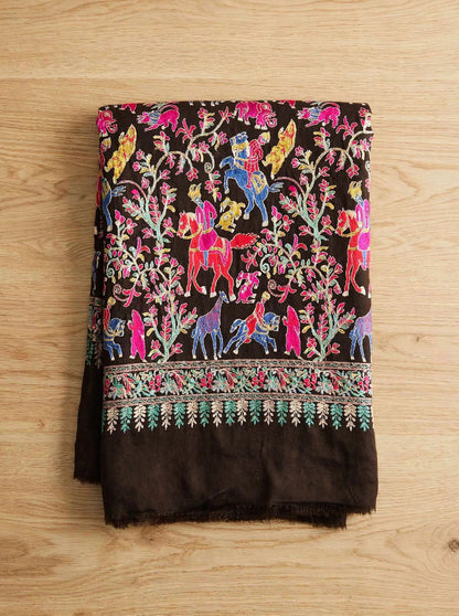 Brown Pashmina Shikargah Shawl with Multicolor Nalki Embroidery - Royal Hunt