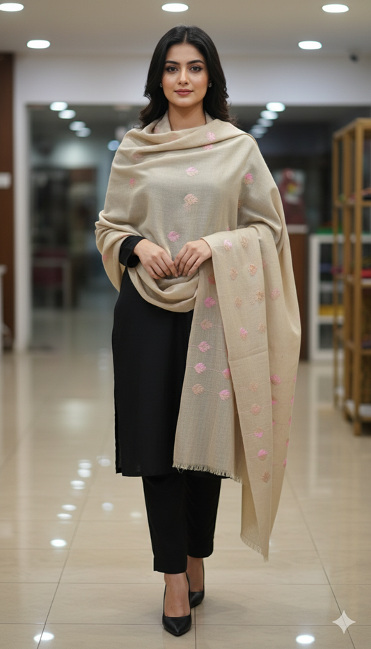 Beige Pashmina Shawl with Pink Thread Embroidery