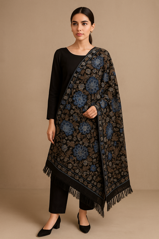 Luxury Karandi Embroidered Shawl – Black with Blue & Beige Aari Work