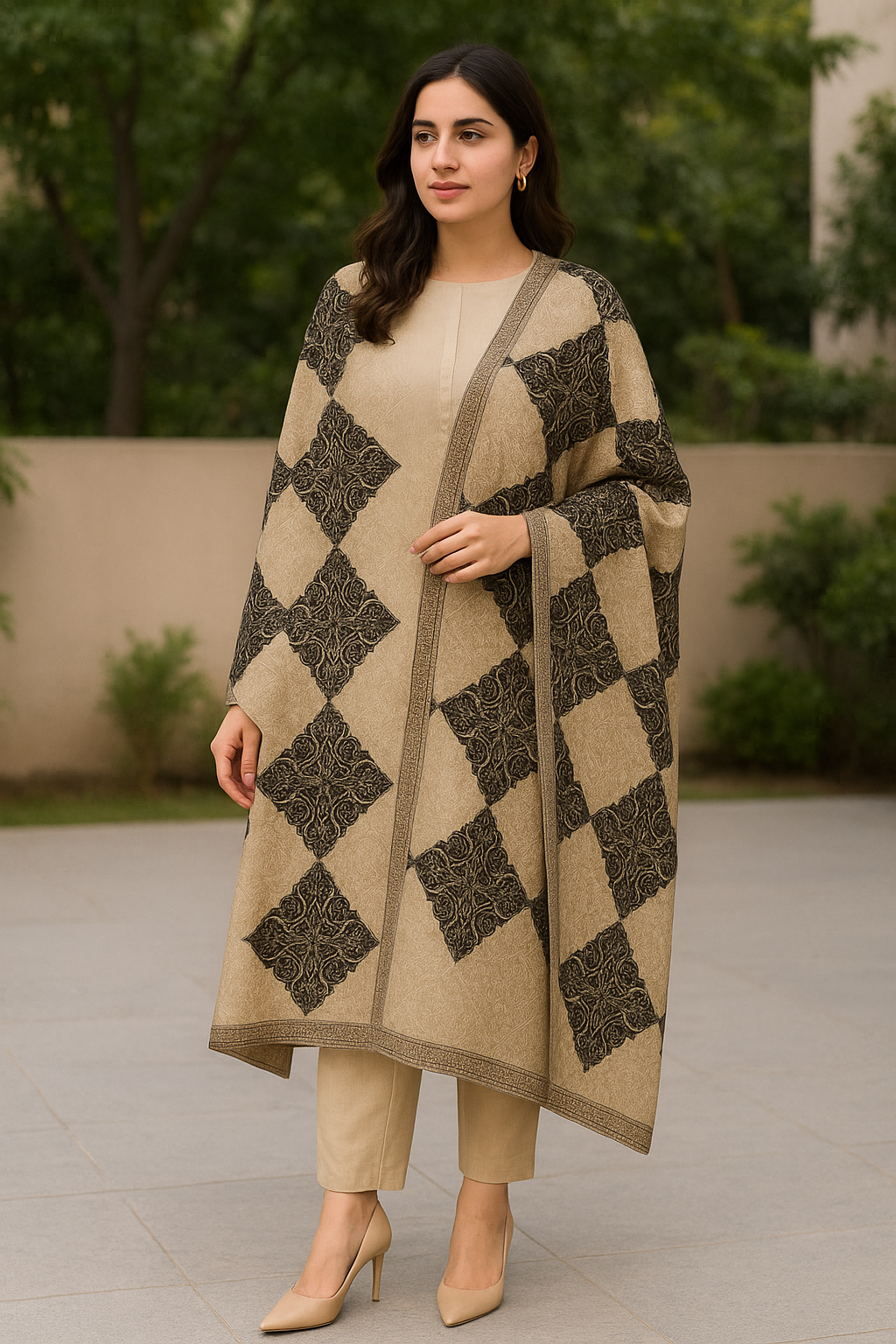 Luxury Pashmina Aari Embroidered Shawl Beige & Black