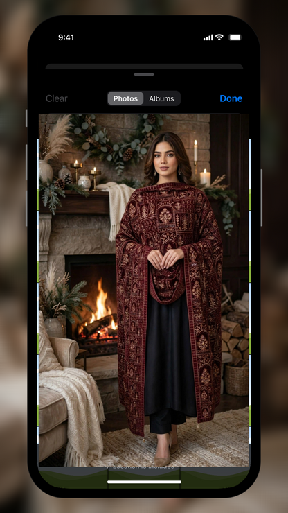Luxurious Maroon Velvet Embroidered Shawl  Intricate Golden tilla Work Wrap