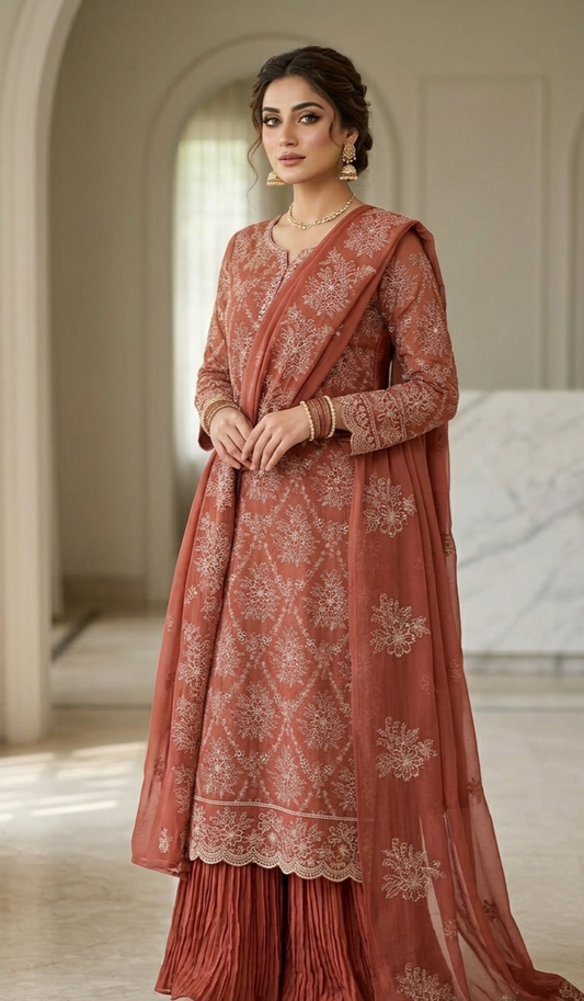 Timeless Elegance: Rust Chiffon Laser-Cut Embroidered Ensemble