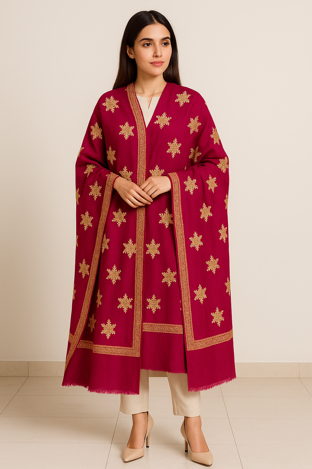 Luxury Magenta Pashmina Shawl with Golden Embroidery