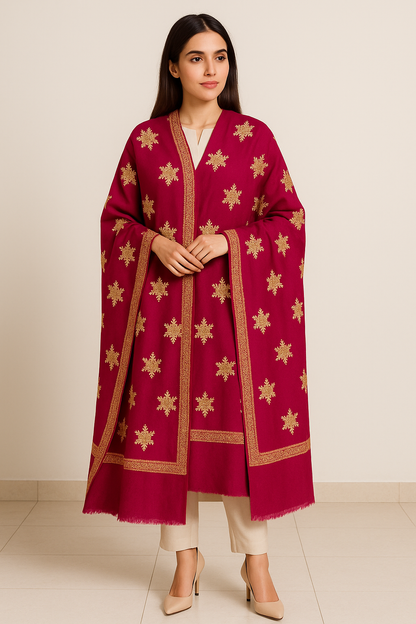 Luxury Magenta Pashmina Shawl with Golden Embroidery