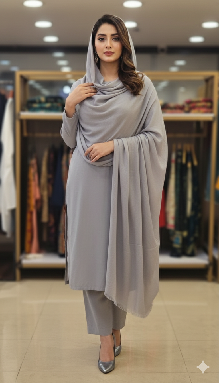 Elegant Plain Pashmina Shawl – Soft Grey