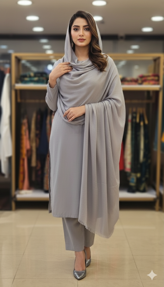 Elegant Plain Pashmina Shawl – Soft Grey