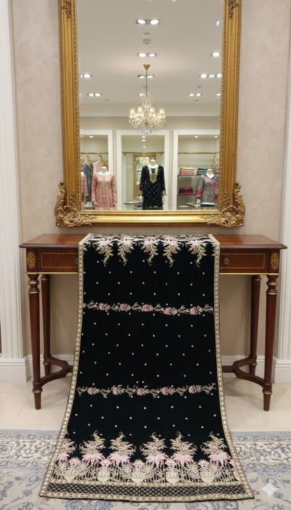 Luxury Black Velvet Embroidered Shawl