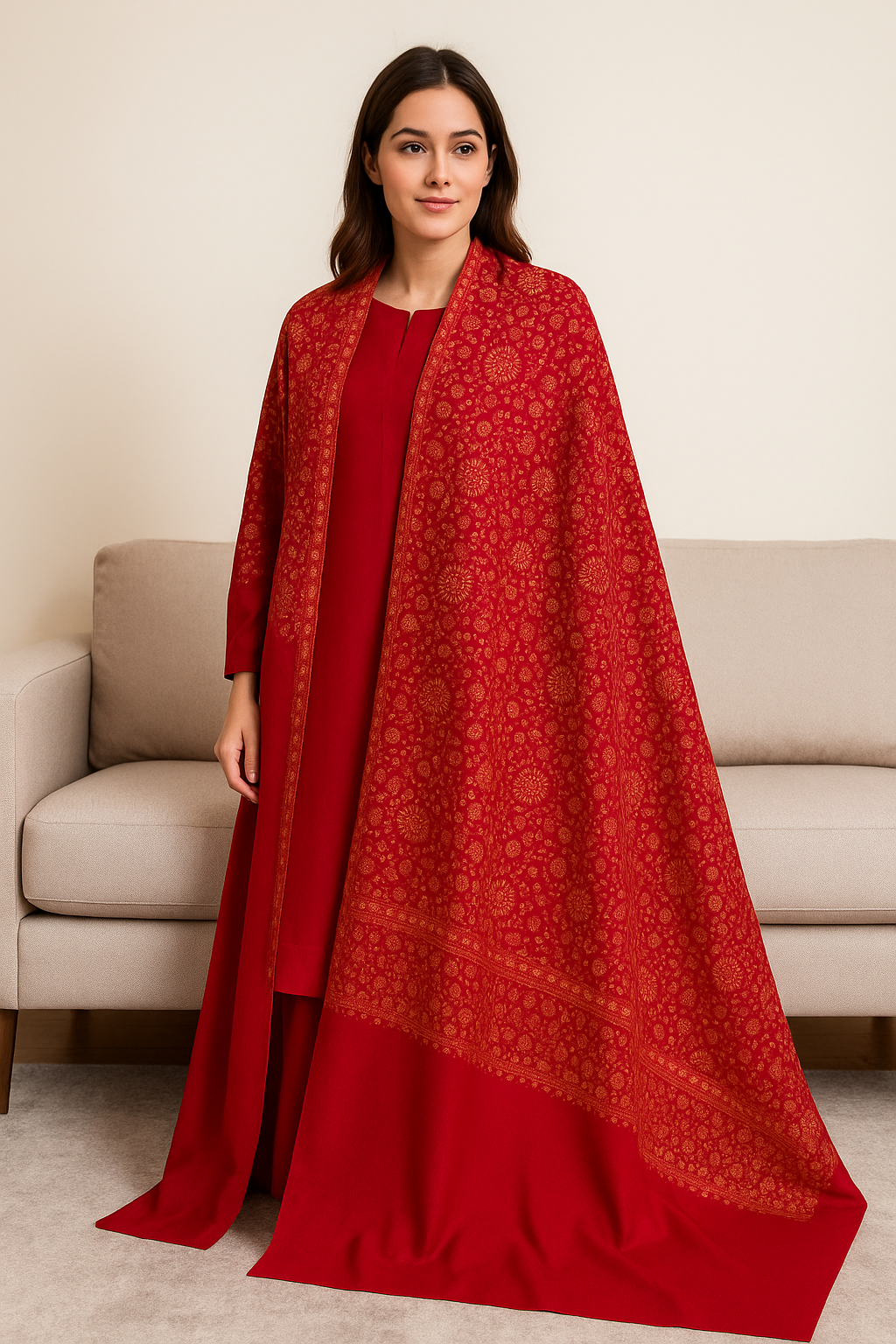 Luxury Needle Embroidery Pashmina Shawl (Red & Gold)