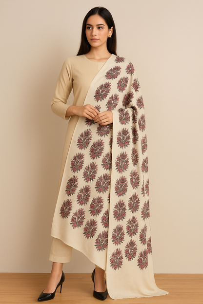 Elegant Block Print Pashmina Shawl – Cream with Maroon Floral Motif
