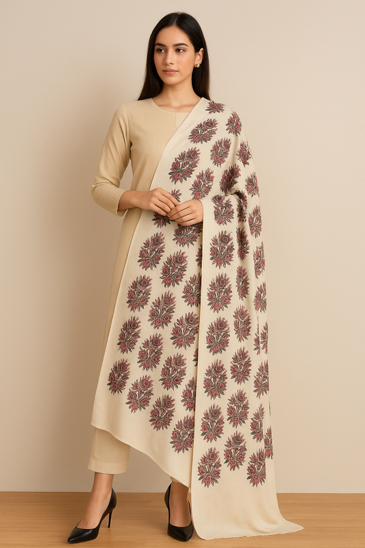Elegant Block Print Pashmina Shawl – Cream with Maroon Floral Motif