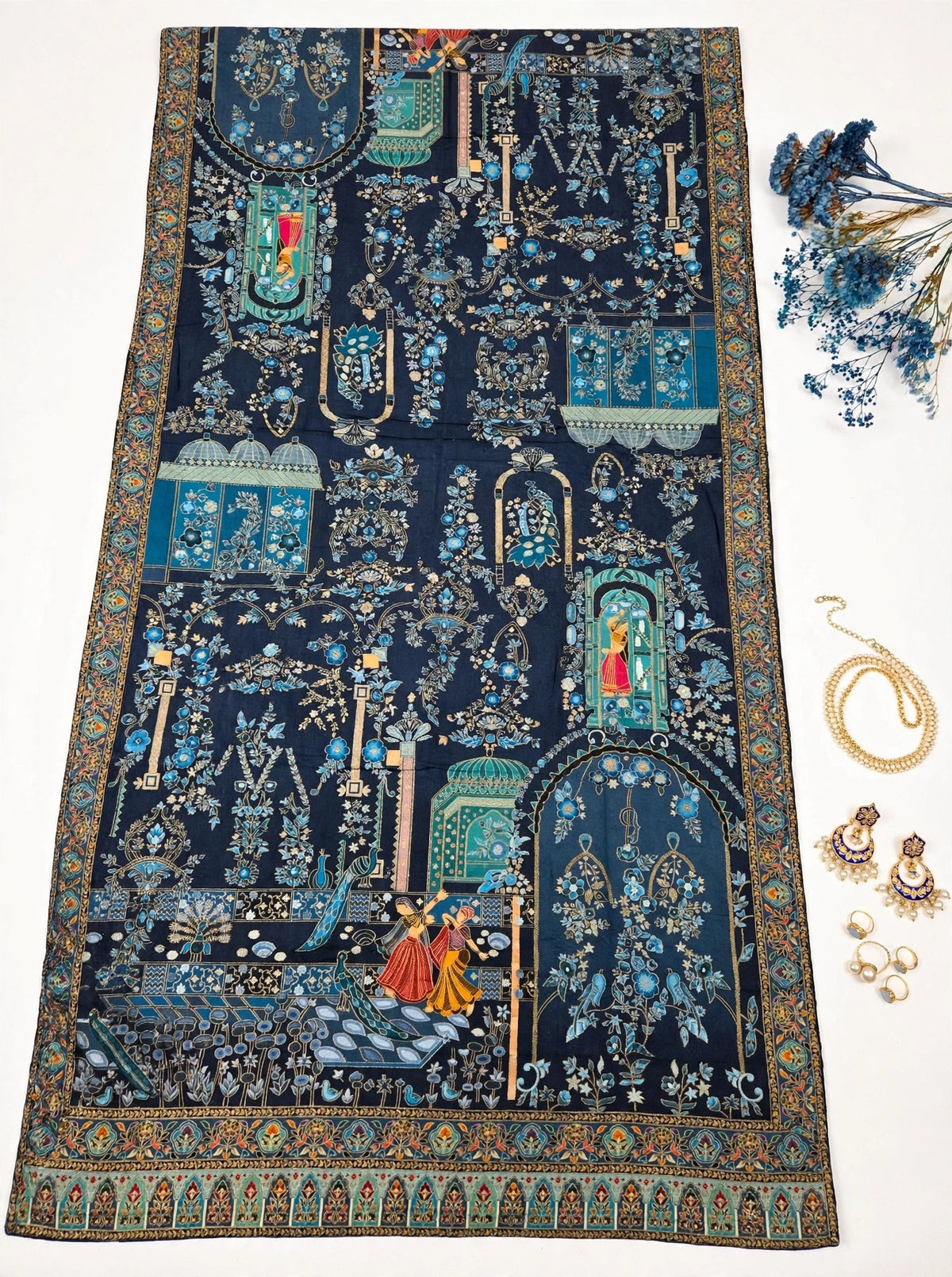 Teal Blue Mughal Darbar Minakari Shawl - Premium Kaani Pashmina Shawl