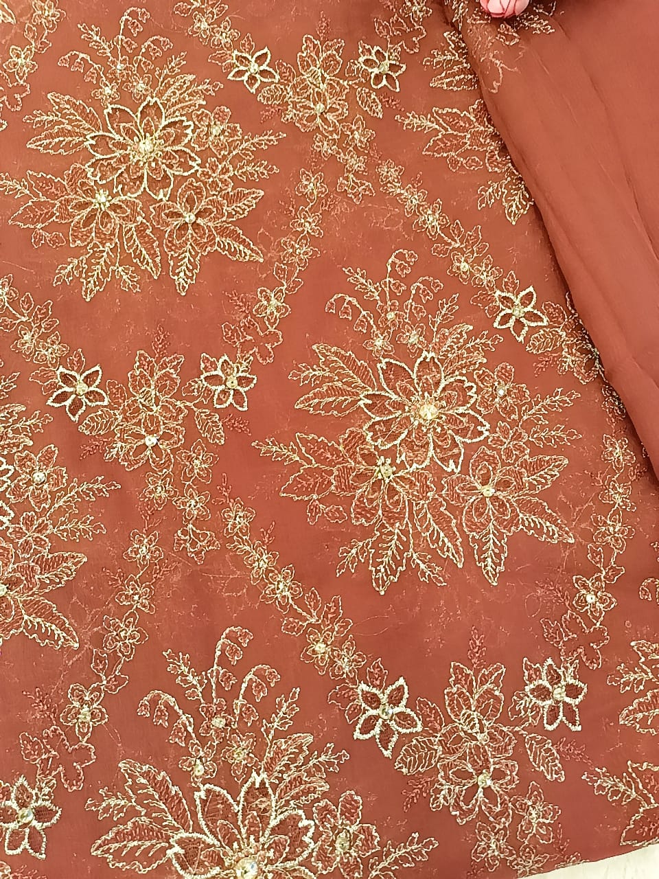 Timeless Elegance: Rust Chiffon Laser-Cut Embroidered Ensemble
