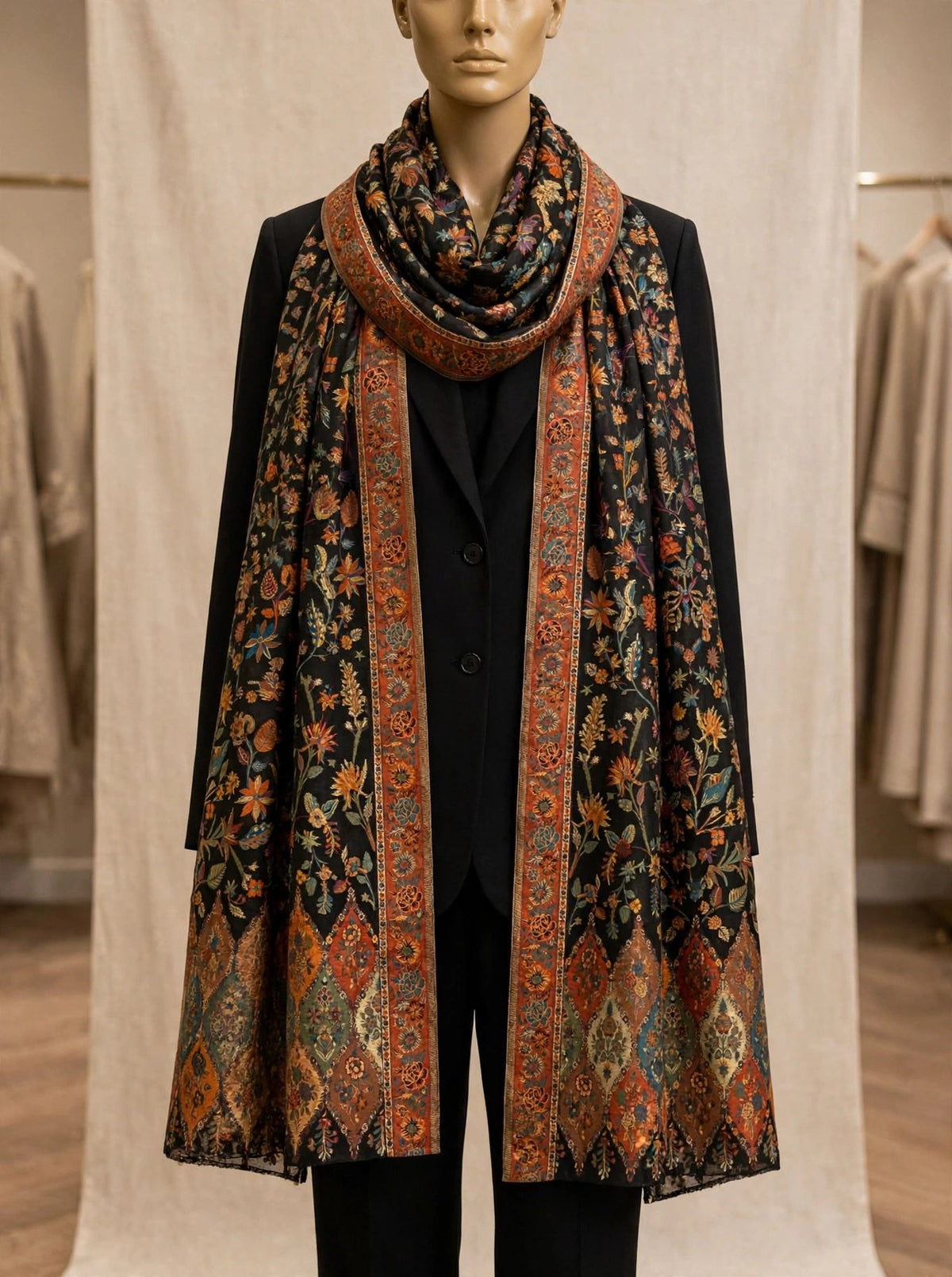 Heirloom Black Floral Kani Silk Dupatta - Pure Handwoven Kashmiri Luxury