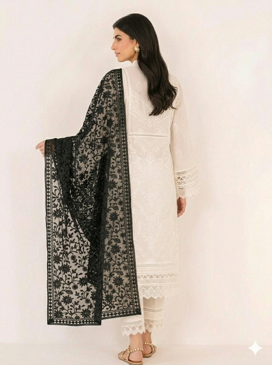 Black Embroidered Chiffon Dupatta