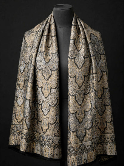 Luxury Black Gold Kani Silk Pashmina Shawl with Zari | Handmade Kashmiri Jama Shawl