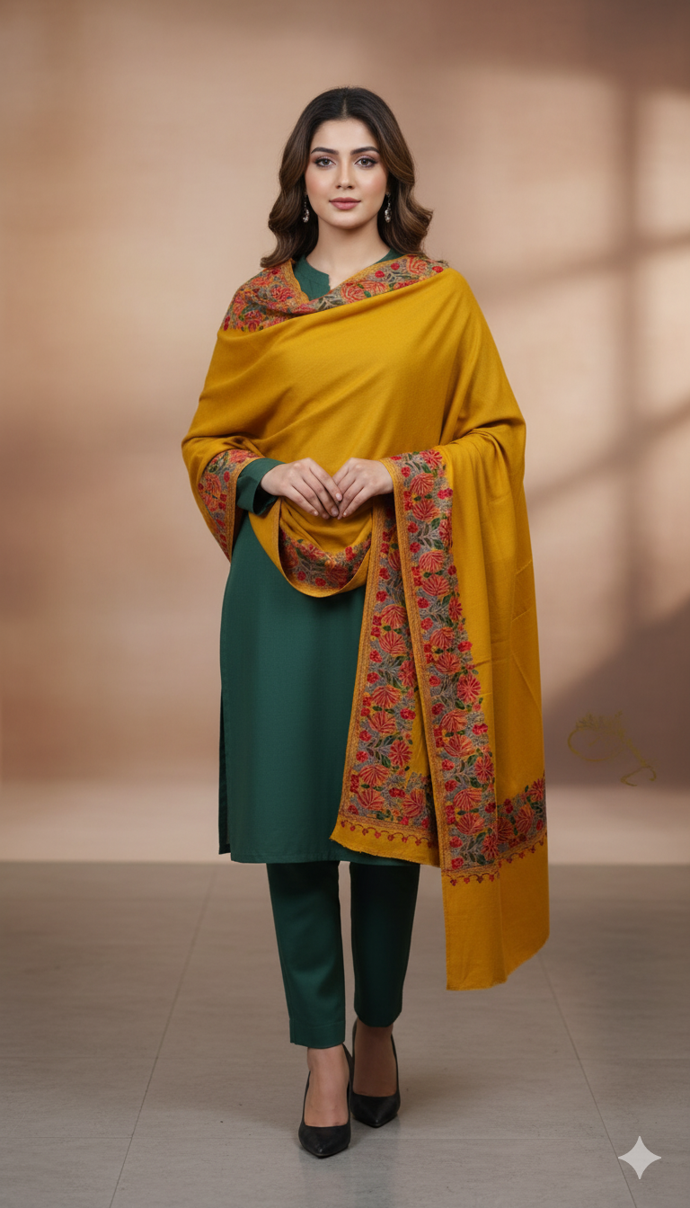 Golden Mustard Pashmina Shawl with Floral Aari Embroidery