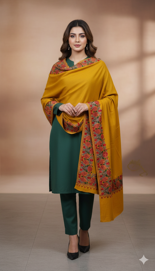 Golden Mustard Pashmina Shawl with Floral Aari Embroidery