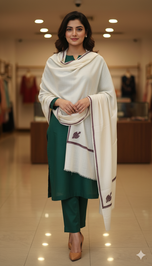Elegant White Pashmina Shawl with Maroon Embroidered Motifs