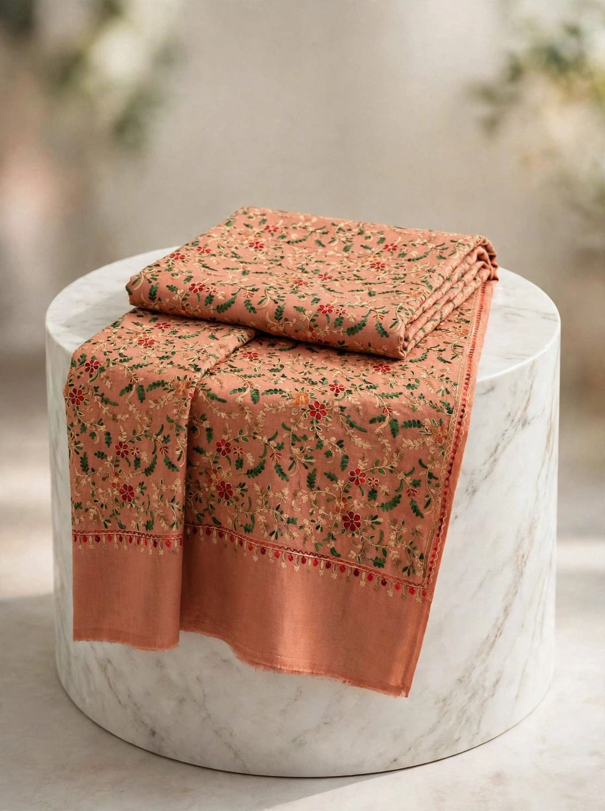 Peach Blossom - Kashmiri Aari Embroidered Pashmina Shawl