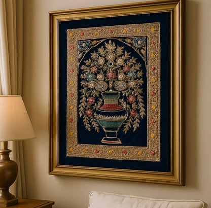 Luxury Zardozi Embroidery Wall Art – Handcrafted Floral Vase Design on Velvet with Golden Threadwork
