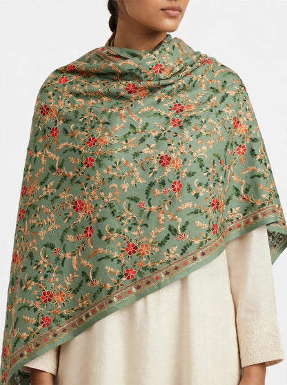 Sage Green All-Over Embroidered Pashmina Shawl - Kashmiri Aari Jaal Work