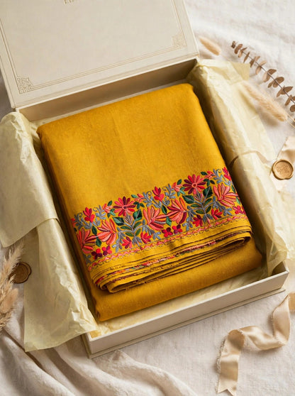 Mustard Bloom -Embroidered Pure Pashmina Shawl with Kashmiri Aari Border