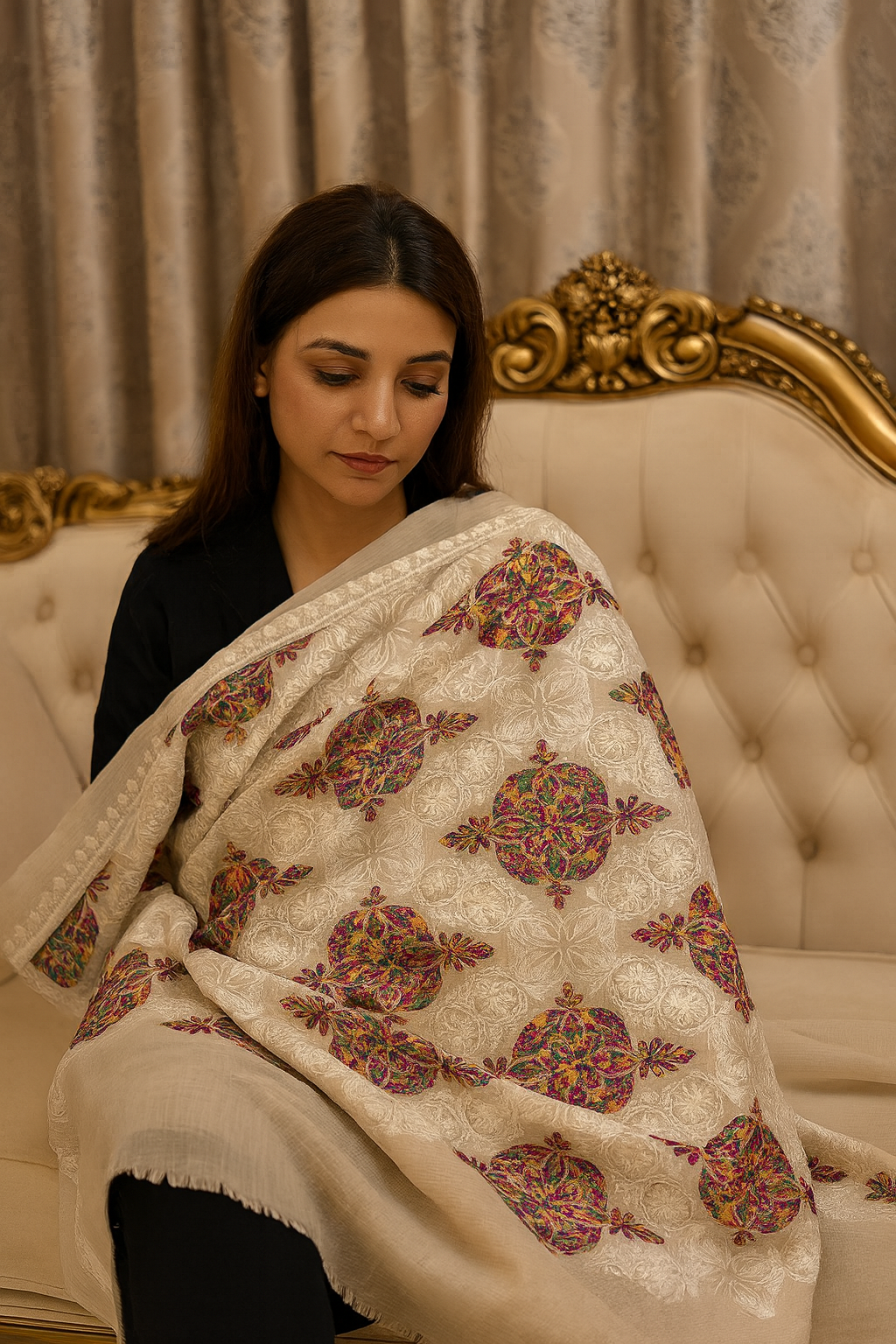 Luxury Pashmina Aari Embroidered Shawl  Ivory Beige with Multicolor