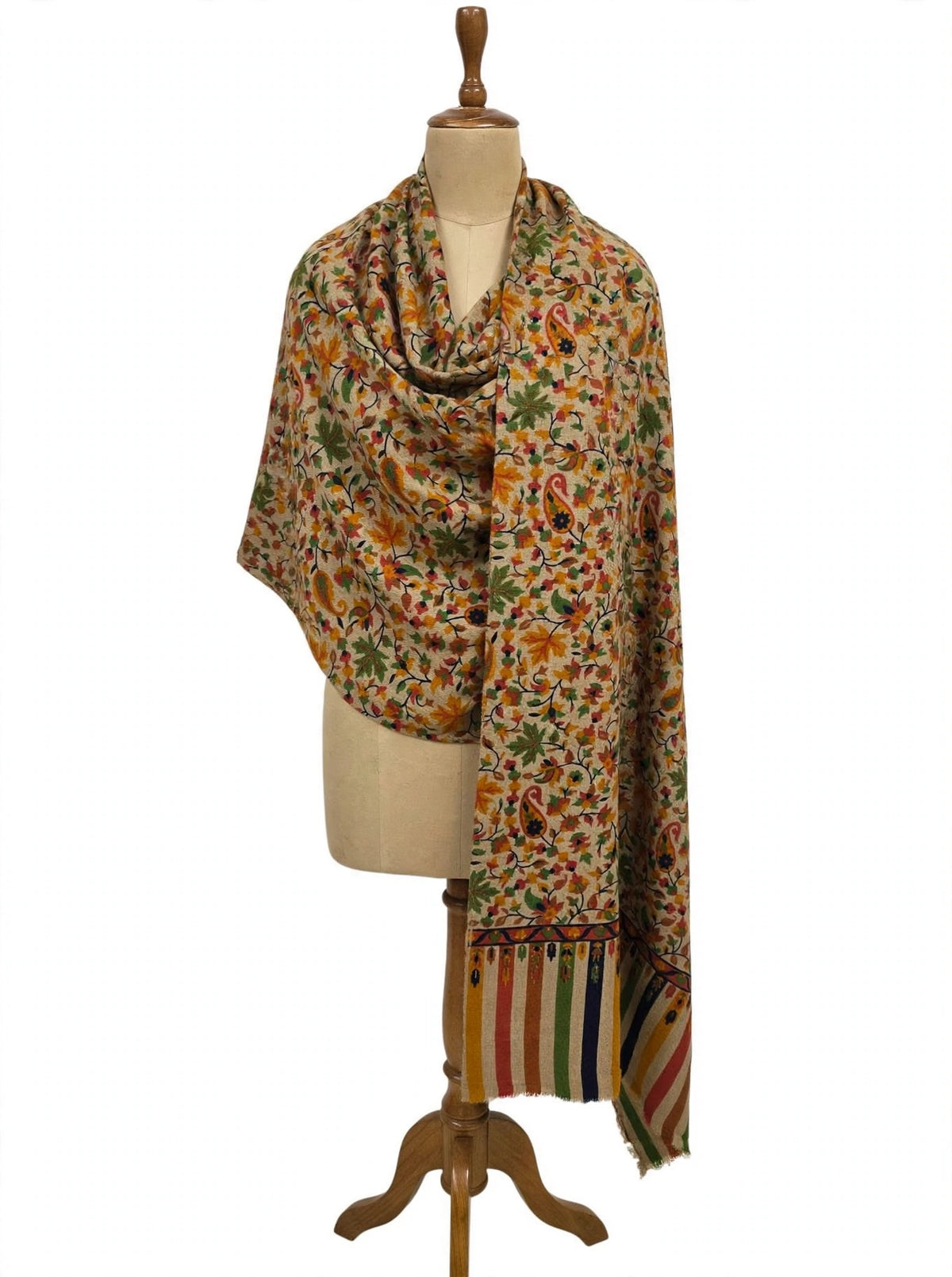 Floral Printed Pashmina Shawl with Striped Border | Soft Autumn Leaf Wrap