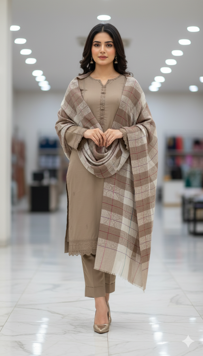 Classic Taupe Checked Pashmina Shawl
