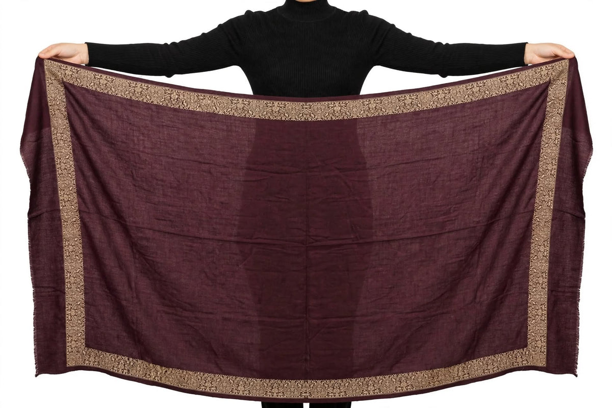 Plum Embroidered Pashmina Shawl - Gold Zari Paisley Border - Soft Wool Winter Shawl