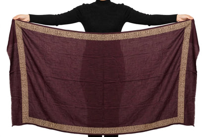 Plum Embroidered Pashmina Shawl - Gold Zari Paisley Border - Soft Wool Winter Shawl
