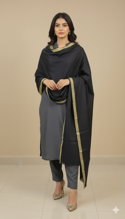Elegant Black Pashmina Shawl with Zari Border