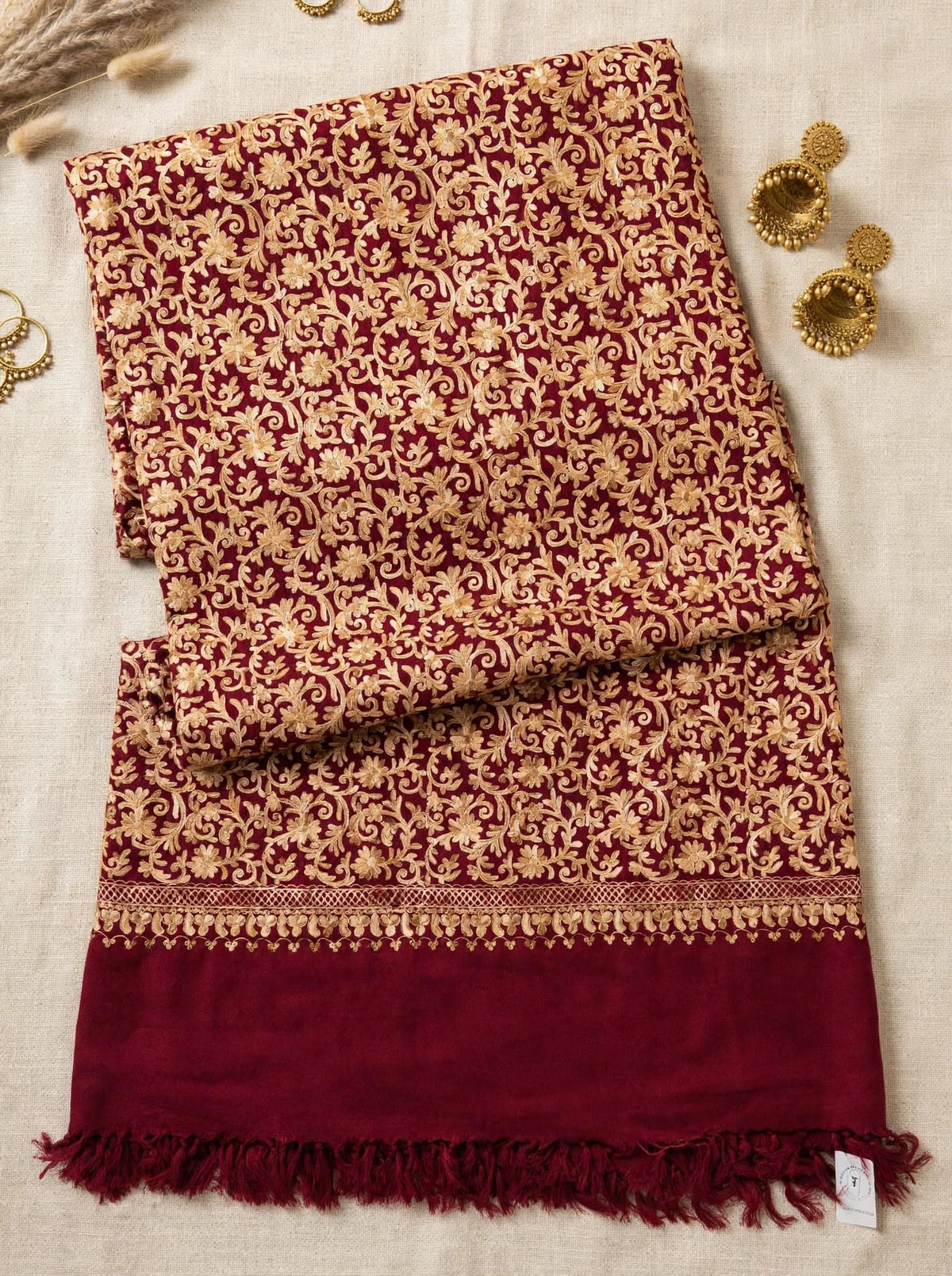 Maroon Pashmina Shawl Gold Aari Embroidery