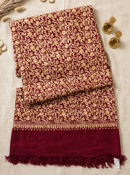 Maroon Pashmina Shawl Gold Aari Embroidery