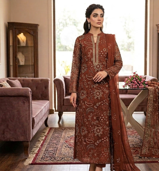 Rust Terracotta Laser-Cut Embroidered Net Shirt with Pure Chiffon Dupatta