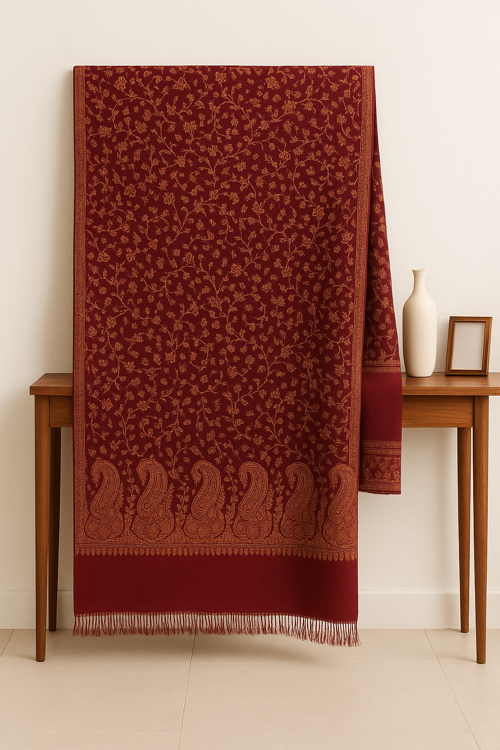 Deep maroon base with rust-gold needle embroidery.