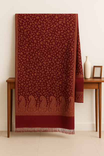 Deep maroon base with rust-gold needle embroidery.